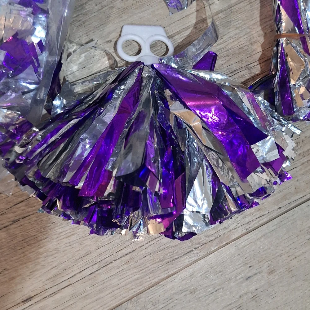 NWT Pack Of 12 Purple and Silver Party Pom Poms With Finger Holes